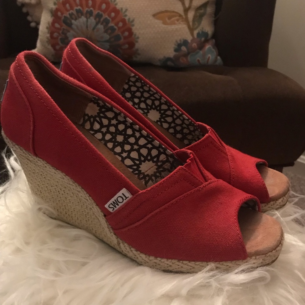 TOMS Red Canvas Wedge Shoes